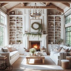 a living room filled with lots of furniture and a fire place in the middle of it