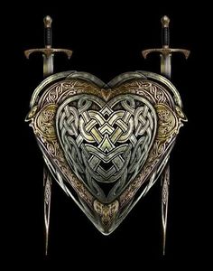 a heart shaped object with two swords sticking out of it's sides, in front of a black background