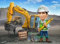 a caricature of a construction worker holding a wrench in front of an excavator