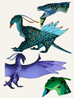 four different types of dinosaurs are depicted in this drawing