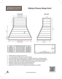 the shilpa chimney range hood is shown with measurements for each side and top