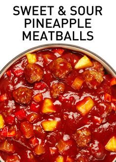 sweet and sour pineapple meatballs in a pot with text overlay that reads, sweet and sour pineapple meatballs