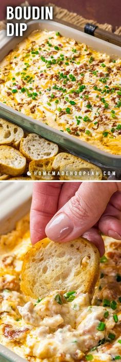 a hand dipping a piece of bread into a casserole with chicken and cheese