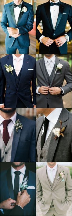 a collage of men in tuxedos wearing suits and bow ties with flowers on their lapels