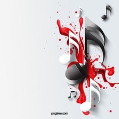 an abstract music note with red paint and musical notes in the background, on a white background