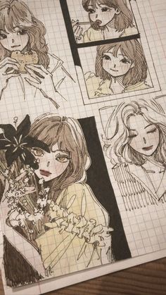 some drawings of girls with flowers in their hair