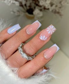 Blue Flower Acrylic Nails, Flower Acrylic Nails, Flower Acrylic, Polish Ideas, French Acrylic Nails, Short Acrylic, Acrylic Nails Coffin Short