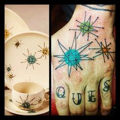 three pictures with different tattoos on their hands and one has a tea cup in it