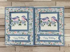 an open card with two birds on it and flowers around the edges, which says happy birthday