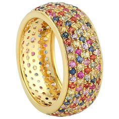 This stunning ring has been meticulously crafted from 18-karat gold and 3.12 carat multi sapphire. The ring is a size 6.5 and may be resized to larger or smaller upon request. FOLLOW MEGHNA JEWELS storefront to view the latest collection & exclusive pieces. Meghna Jewels is proudly rated as a Top Seller on 1stDibs with 5 star customer reviews. All items manufactured by us are handmade and can be customized or redesigned. Composition Size-US-6.5 Total Weight-5.1 Gold Weight(Gms)-4.476 Multi Sapph Pave Ring Band, Multi Sapphire, Eternity Band Ring, Gold Band Ring, Diamond Eternity, Yellow Sapphire, Eternity Band, Gold Band, Bridal Rings