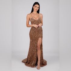 Nbluxe, Size Xl Bronze Gold Velvet Sequin Evening Gown Fully Lined V-Neck Lace Up Open Back Non-Padded At Bust Hidden Back Zipper Medium Stretch Brown Dresses Formal, School Formal, Long Black Maxi Dress, Floral Chiffon Maxi Dress, Bridal Party Outfit, Sequin Evening Gowns, Ruched Maxi Dress, Bridal Party Dresses, Gold Velvet