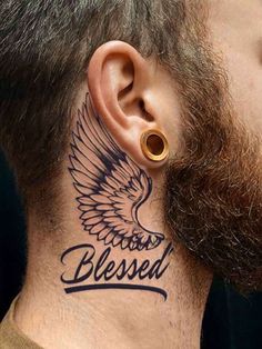 a man with a tattoo on his neck and behind the ear that says, be yourself