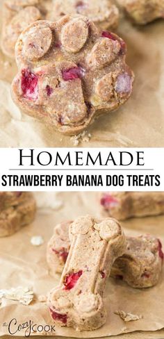 homemade strawberry banana dog treats on parchment paper with the words homemade written in white letters