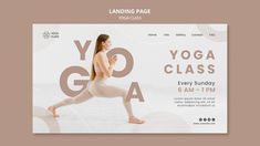 a yoga class landing page with a woman in white tights and no shirt on