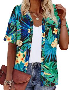 PRICES MAY VARY. Women hawaiian shirt, tropical luau outfit, lightweight, silky soft, cool and skin-friendly. NOT SEE-THROUGH Women's hawaiian tropical shirt features vibrant colors, all-over island-inspired patterns, classic v neck, and unqiue coconut shell buttons V neck short sleeve luau party outfit, island shirt, boho beach top, vacation top, cruise wear, resort wear；relaxed fit, long enough to cover hips Great summer hawaiian tops for beach, travel, vacation, cruise, hawaiian themed party, Luau Party Outfit, Hawaiian Themed Party, Luau Outfits, Hawaiian Party Theme, Tropical Outfit, Summer Soft, Loose Fit Shirts, Shirts Short Sleeve, Hawaiian Outfit