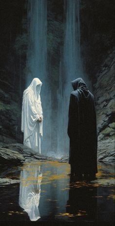 two people standing in front of a waterfall, one is wearing a white robe and the other has a black cloak