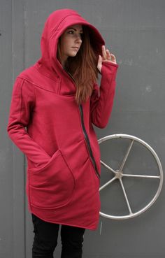 "Womens Hoodies, Red Sweatshirt, Plus Size Clothing Express Shipping to the USA, UPS Courier for free Delivery 3-5 Business Days Thanks for your love for the Hoodie/Coat ♥ About this product... Zip up sweatshirt hoodie. An asymmetrical sweatshirt with capacious and comfortable pocket and side hidden pocket. Long sleeve sweatshirt with thumb holes which make it warm and comfortable. Wide and capacious hood :) Good quality, soft fabric which stretches slightly to fit your body and is therefore ver Red Winter Sweatshirt, Hooded Sweatshirt With Pockets, Red Hooded Jacket With Pockets, Red Hooded Fleece Sweater, Hooded Jacket With Kangaroo Pocket, Red Drawstring Hood Sweatshirt For Winter, Winter Hooded Sweatshirt With Kangaroo Pocket, Red Winter Hoodie Sweater, Red Hoodie Sweater For Winter