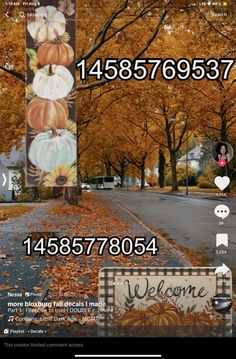 an image of a fall scene with pumpkins on the street and trees in the background