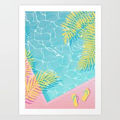 a pool with palm trees and flip flops on the beach art print by artist uma