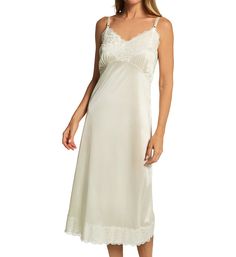 Wireless full slip is styled with silky smooth tricot knit for comfy wear under a dress or skirt. Lace panel sewn along top and hem adds an elegant touch. Lightweight tricot knit has shimmery appearance and will not stick to clothing. Seamless triangle cups are wire-free and ruching at bottom. Slip has V-shaped neckline. Wide lace panel accentuates neckline and top of back. Satin ribbon straps adjust at front with plastic hardware. Wide lace panel is sewn along hem. Perfect for skirts or dresses Lingerie Nightgown, Flora Nikrooz, Nightgowns For Women, Loungewear Women, Satin Maxi, Bridal Lingerie, French Lace, Lace Panelled, Night Dress