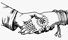 black and white drawing of two hands holding each other's hand with bracelets