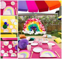 a rainbow themed birthday party with balloons and plates