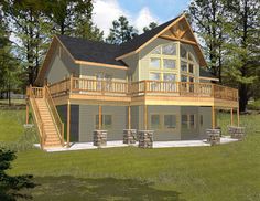 this is an artist's rendering of a house with deck and stairs to the upper floor