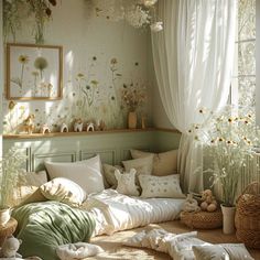 a living room filled with lots of pillows and blankets