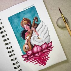 a drawing of a woman holding a harp on top of a book next to a paintbrush