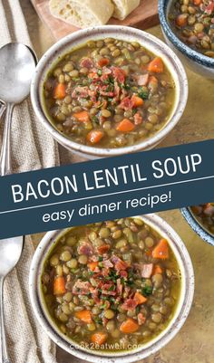 two bowls of bacon lentil soup with bread in the background