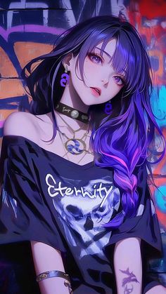 a woman with purple hair and piercings sitting in front of a graffiti covered wall