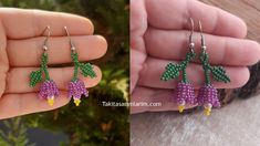 two pictures of the same pair of earrings, one with beaded flowers on it