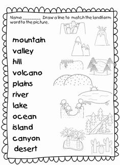 the mountain valley worksheet is shown in black and white, with words on it