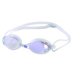 the swimming goggles are white and have mirrored lenses on each side, while one is blue