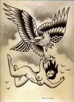 a drawing of a naked woman with an eagle on her shoulder and another bird above her head