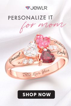 two heart shaped rings with names on them and the words, personalize it for mom