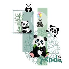 pandas with balloons and bamboo trees on them are depicted in this postcard design