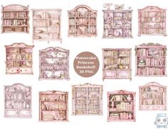 watercolor princess bookshelf clipart set with pink furniture and accessories for children's rooms