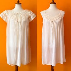 Charming 60s White Peignoir Set 🕊 Dainty and glamorous. Sleeveless night gown with a matching sheer robe. See measurements to ensure desired fit! MEASUREMENTS:  *taken flat, double where needed* TOTAL LENGTH: 35" CHEST: 25" ROBE LENGTH: 36" CONDITION: Great vintage shape!  A few tiny imperfections on the robe. SHOP POLICY: Thank you for your interest! All sales completed with Sunny Girlfriend Retro are final. Buyers are responsible for checking measurements of garments for correct sizing, exami Feminine Sheer Dresses For Loungewear, Feminine Sheer Loungewear Dress, Feminine Sheer Lounge Dress, Vintage Dresses For Wedding Night, Vintage Sheer Nightgown For Summer, Vintage Sleeveless Loungewear Dresses, Vintage Sheer Nightgown For Sleep, Vintage Sheer Dresses For Bedtime, Retro Summer Sleepwear