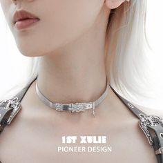 Star Trails 18k Platinum Plated Belt-shaped Pendant Necklace Choker - 1ST XULIE Metal Snake Chain Clavicle Choker, Silver Snake Chain Choker, Silver Choker With Chain Pendant, Trendy Silver Snake Chain Choker, Trendy Engraved Silver Jewelry, White Gold Chain Choker, Engraved Metal Chain Link Necklace, Star Trails, Ear Clips