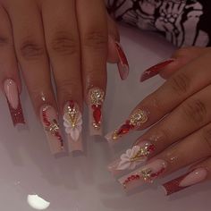 Gold Nails Prom, Red And White Nails, Gold Acrylic Nails