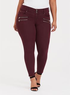 Plus Size Multi-Zip Jegging - Burgundy Wash, PORT ROYALE Stretchy Jeans, High Rise Denim, Plus Size Jeans, Washed Jeans, Premium Denim, Black Skinnies, Burgundy Red, Second Skin, Distressed Jeans