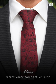 A throwback to the days of reading Disney comics, subtle comic panels of Mickey and Goofy create a fun pattern on our Mickey Mouse Comic Red Men's Tie. The vibrant red of the silk neck tie creates a tonal look, which is perfect for wearing for both formal and casual occasions. Experience enchantment with our expertly crafted 100% Silk necktie. It's built to last, infused with Disney magic, and ready to accompany you on whimsical adventures. Disney Comics, Men's Tie, Comic Panels, Silk Necktie, Disney Mickey Mouse, Cool Patterns