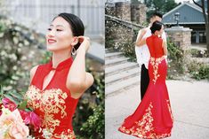 a woman in a red and gold dress standing next to a man