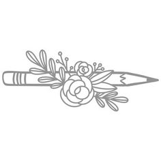 a pencil with flowers and leaves on the end is drawn by hand in gray ink