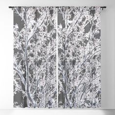 a black and white photo of trees with snow on them sheer curtain set in front of a window