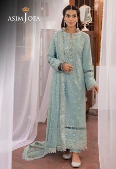 Shirt: Lawn Silk By Pcs: 3 Pcs Trouser: Lawn Silk Dupatta: Net Color: Blue Product Details Asim Jofa's "Shadow Work" collection comes to life through the grace of Iqra Aziz, adorned in an ensemble that's a masterpiece of sophistication. This design is an ode to elegance, where aqua blue forms the canvas for the intricate tale woven by delicate white embroidery. The botanical elements on the dupatta are like chapters from a garden's memoirs, while the 9mm sequins add a touch of ethereal luminesce Embroidered Long Sleeve Organza Dress, Semi-stitched Dress With Intricate Embroidery For Formal Occasions, Semi-stitched Formal Dress With Intricate Embroidery, Blue Unstitched Dress For Reception, Blue Embroidered Semi-stitched Dress For Wedding, Formal Semi-stitched Dresses With Intricate Embroidery, Long Sleeve Summer Dress With Dabka Work, Summer Long Sleeve Dress With Dabka Work, Formal Dress With Intricate Embroidery, Semi-stitched