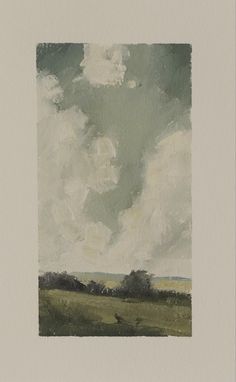 a painting of clouds over a field with trees in the distance and green grass on the ground