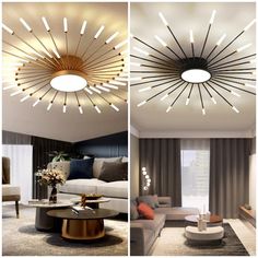 three different views of a living room with modern furniture and lighting on the ceiling, along with pictures of couches