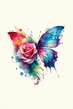 a watercolor painting of a butterfly with a rose on it's back side